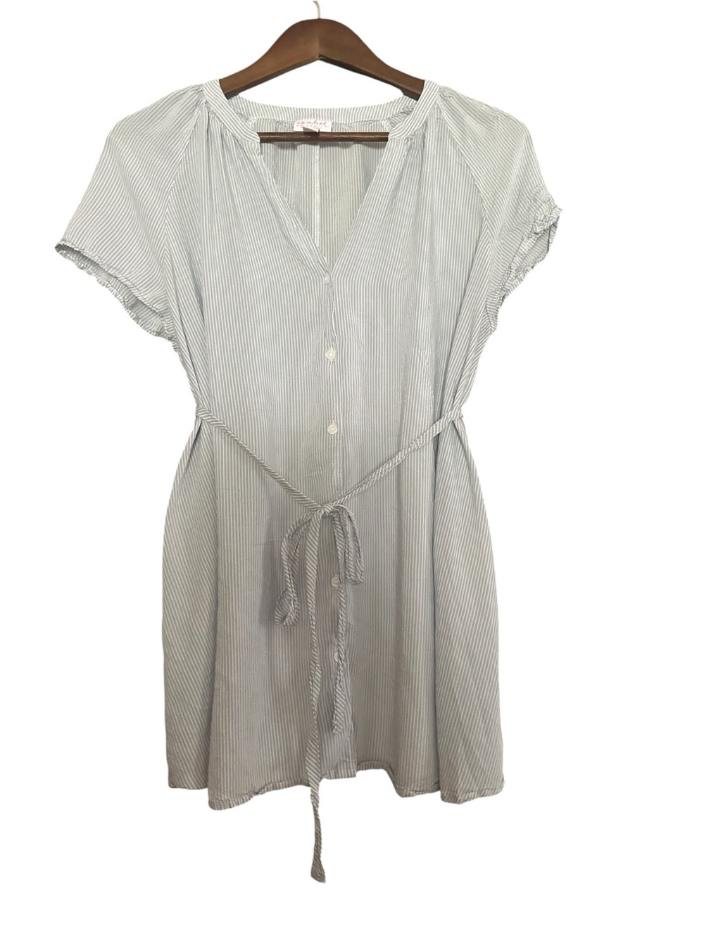 Motherhood Maternity V-Neck Tie-Waist Striped Women’s Top Dress Light Blue/White